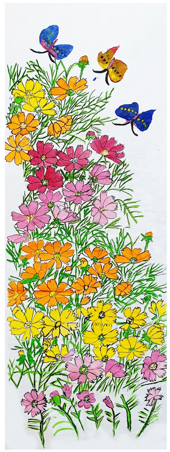 장애인 예술제 수상작품 사진입니다, 코스모스 꽃 그림이며 매우 화려한 그림입니다, 꽃 위에는 나비 세마리가 있습니다